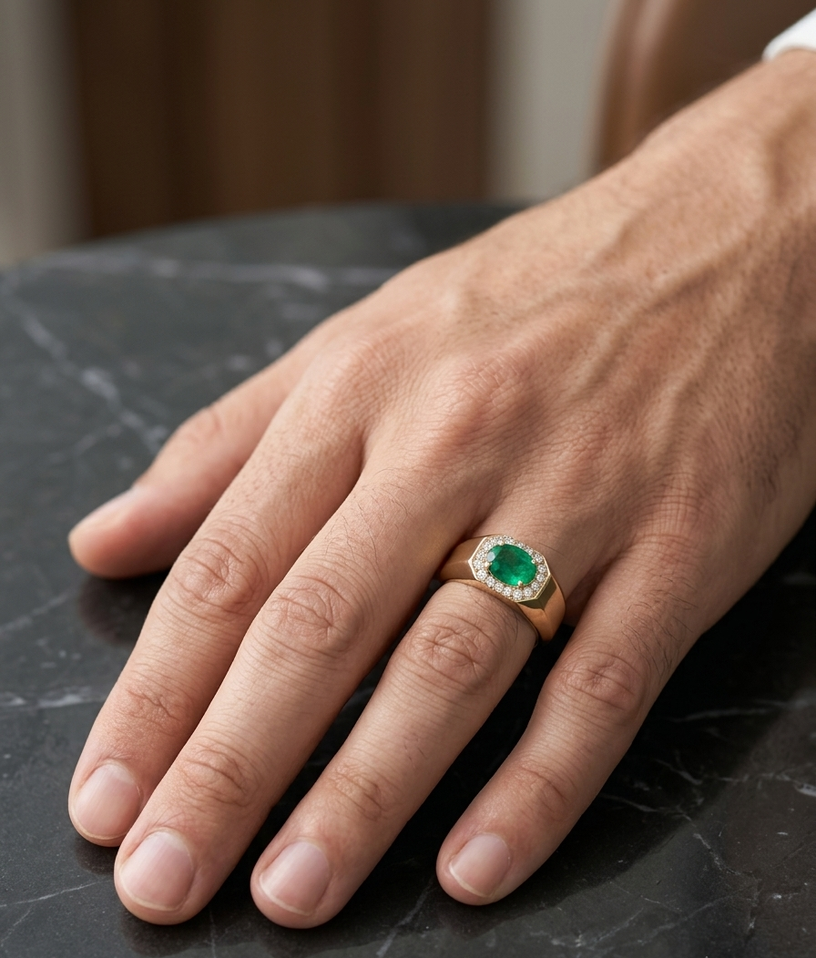 18K yellow gold men's signet ring featuring a 1.15 carat natural oval emerald surrounded by a halo of natural diamonds with a bold polished gold band.