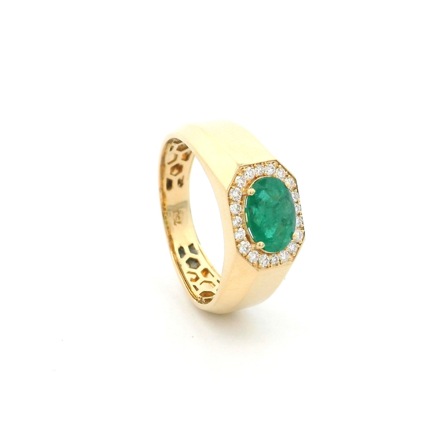 18K yellow gold men's signet ring featuring a 1.15 carat natural oval emerald surrounded by a halo of natural diamonds with a bold polished gold band.