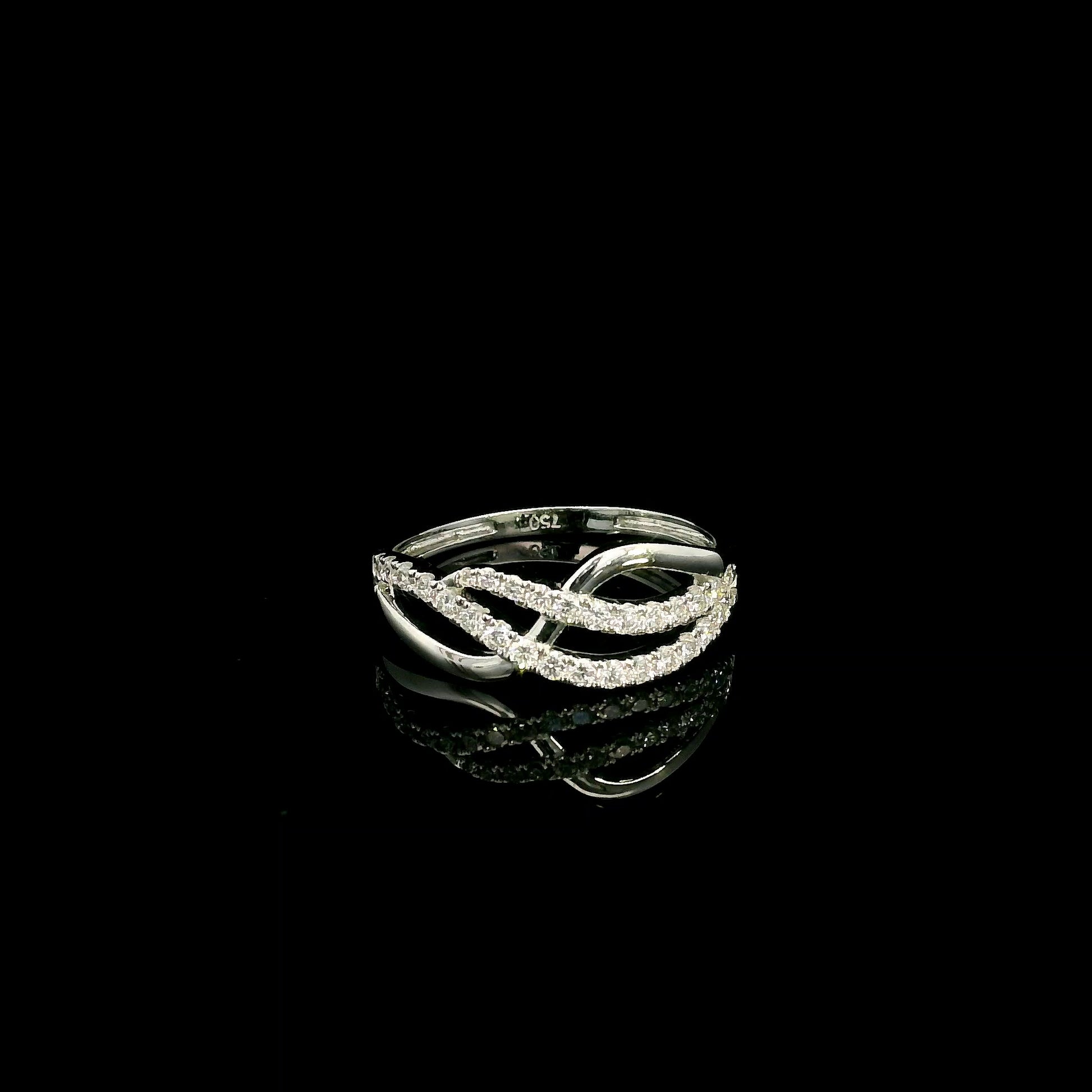 18K white gold diamond crossover ring featuring an elegant flowing design with 0.39 carat natural pavé-set diamonds.