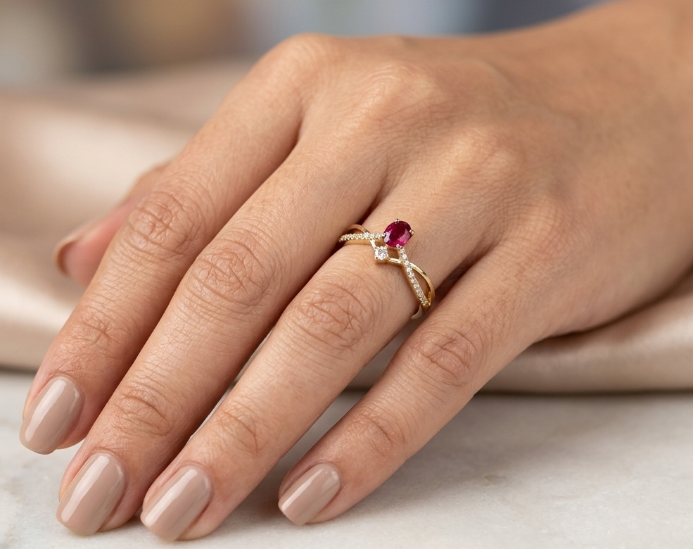 18K yellow gold oval ruby ring featuring a 0.31 Carat natural ruby with pavé diamond split crossover shoulders.