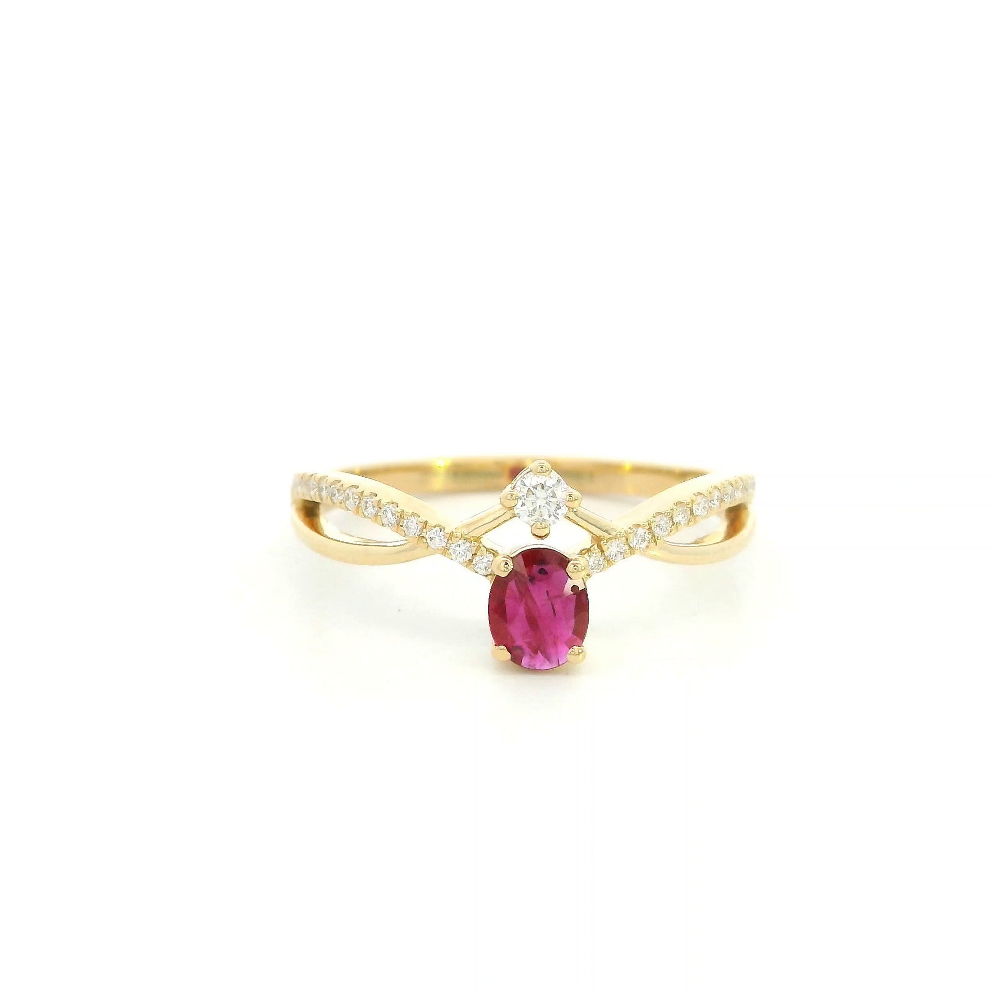 18K yellow gold oval ruby ring featuring a 0.31 Carat natural ruby with pavé diamond split crossover shoulders.