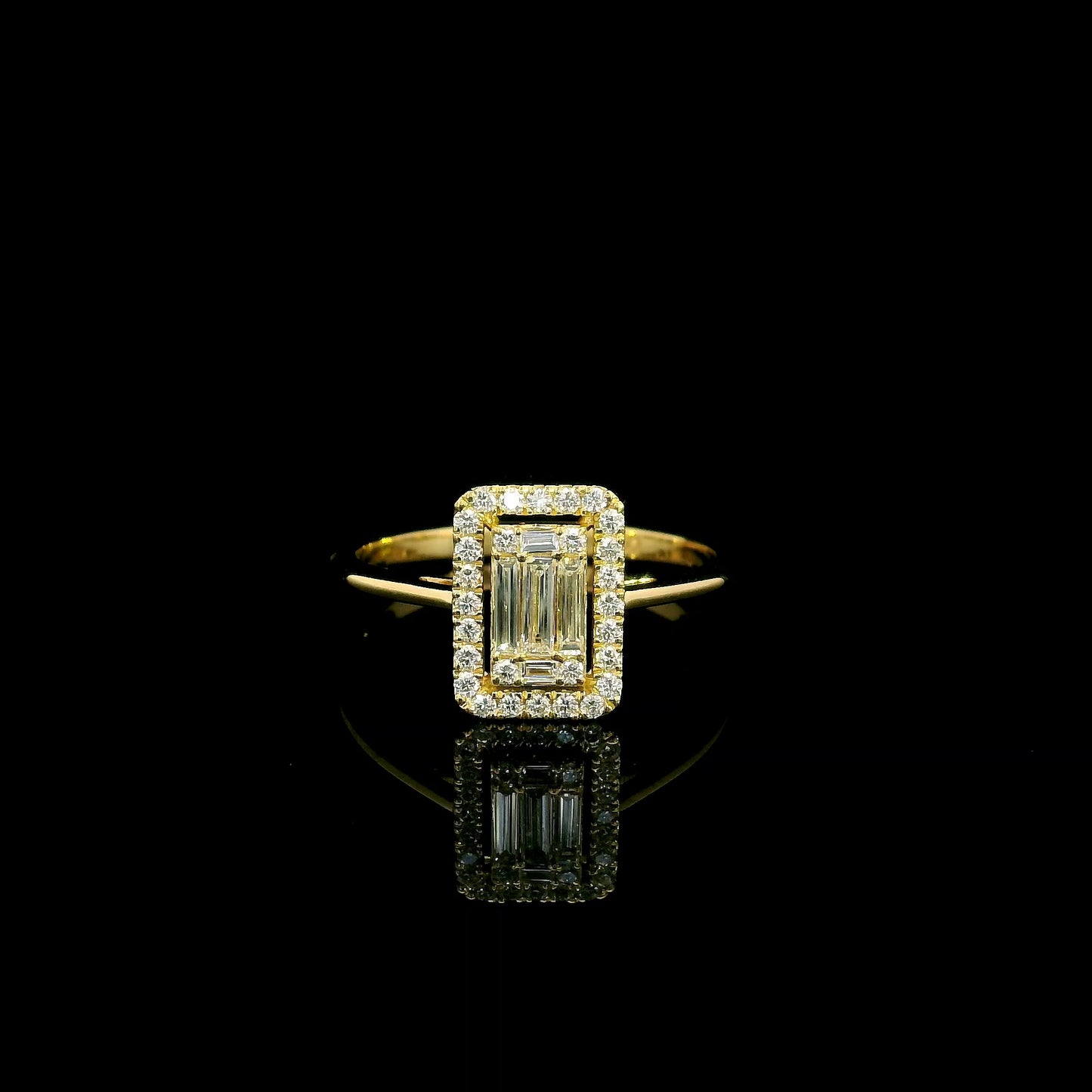 18K yellow gold rectangular halo diamond ring featuring baguette and round natural diamonds with a total diamond weight of 0.37 carats.