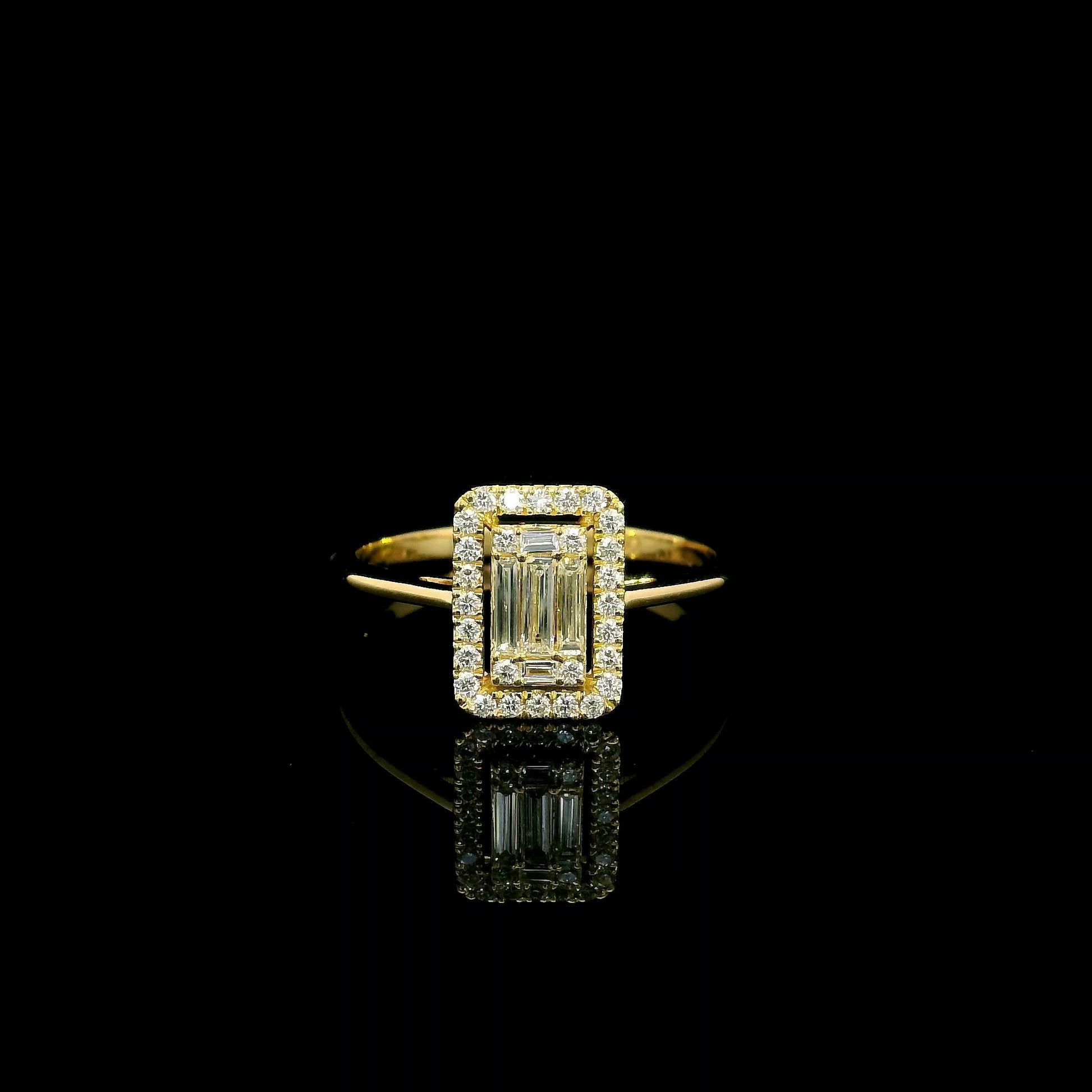 18K yellow gold rectangular halo diamond ring featuring baguette and round natural diamonds with a total diamond weight of 0.37 carats.