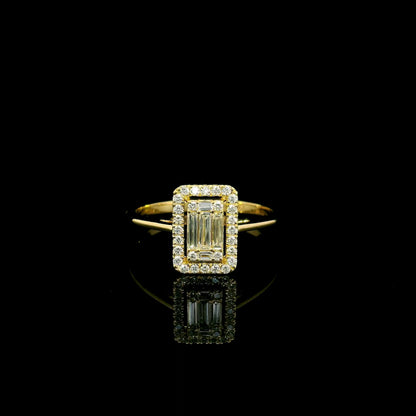 18K yellow gold rectangular halo diamond ring featuring baguette and round natural diamonds with a total diamond weight of 0.37 carats.