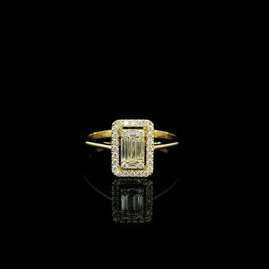 18K yellow gold rectangular halo diamond ring featuring baguette and round natural diamonds with a total diamond weight of 0.37 carats.