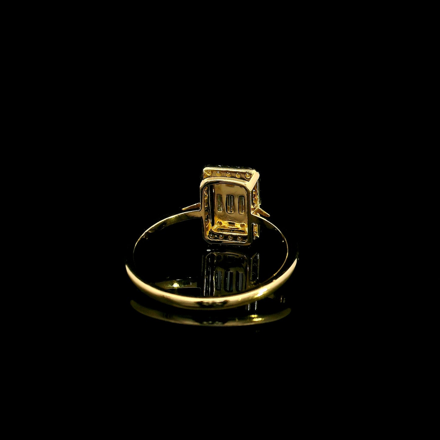 18K yellow gold rectangular halo diamond ring featuring baguette and round natural diamonds with a total diamond weight of 0.37 carats.