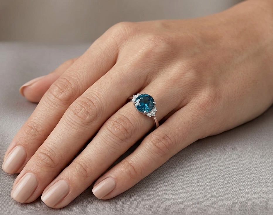 18K White Gold London Blue Topaz Ring with 2.35 Carat Round London Blue Topaz and Natural Diamond Accents