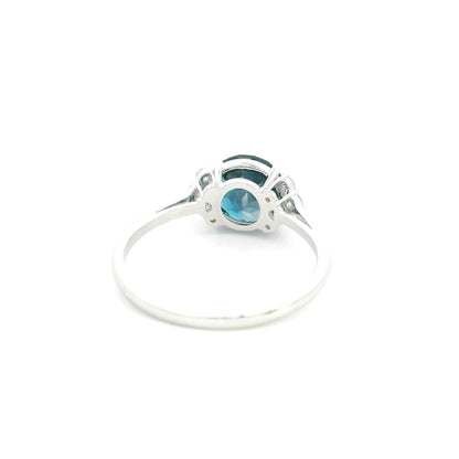 18K White Gold London Blue Topaz Ring with 2.35 Carat Round London Blue Topaz and Natural Diamond Accents