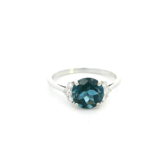 18K White Gold London Blue Topaz Ring with 2.35 Carat Round London Blue Topaz and Natural Diamond Accents