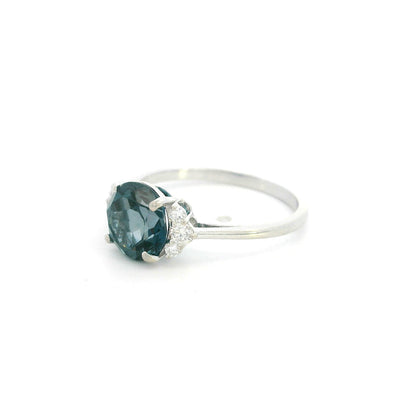 18K White Gold London Blue Topaz Ring with 2.35 Carat Round London Blue Topaz and Natural Diamond Accents