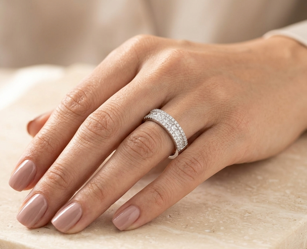 18K white gold princess cut and round diamond wedding band with 0.56 carat natural diamonds