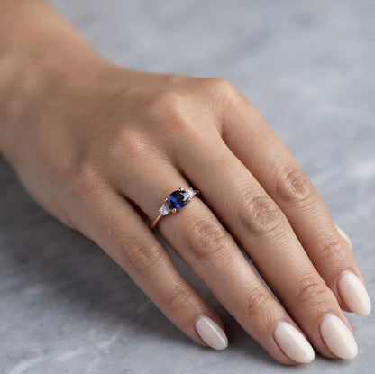 Oval Blue Sapphire Diamond Ring in 18K Rose Gold