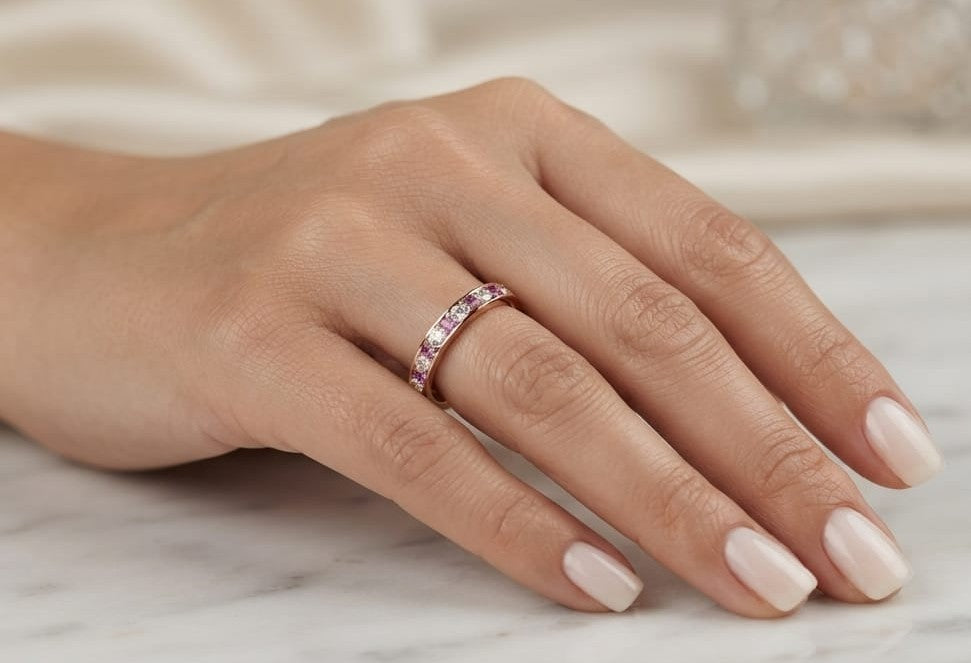 18K Rose Gold Pink Sapphire and Diamond Wedding Band with Channel Set Natural Pink Sapphires and Diamonds