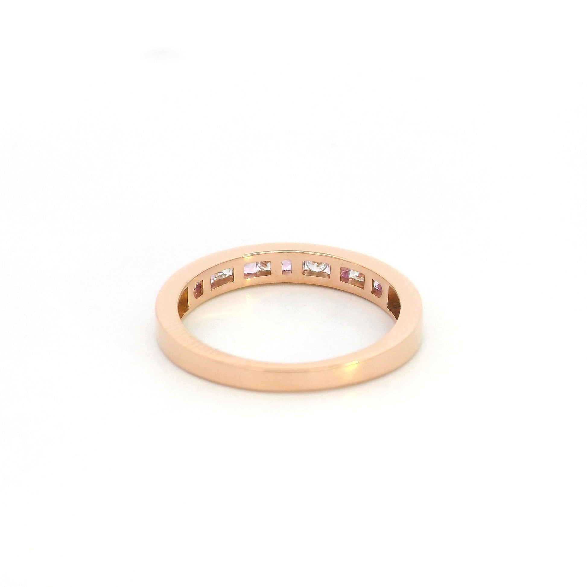 18K Rose Gold Pink Sapphire and Diamond Wedding Band with Channel Set Natural Pink Sapphires and Diamonds
