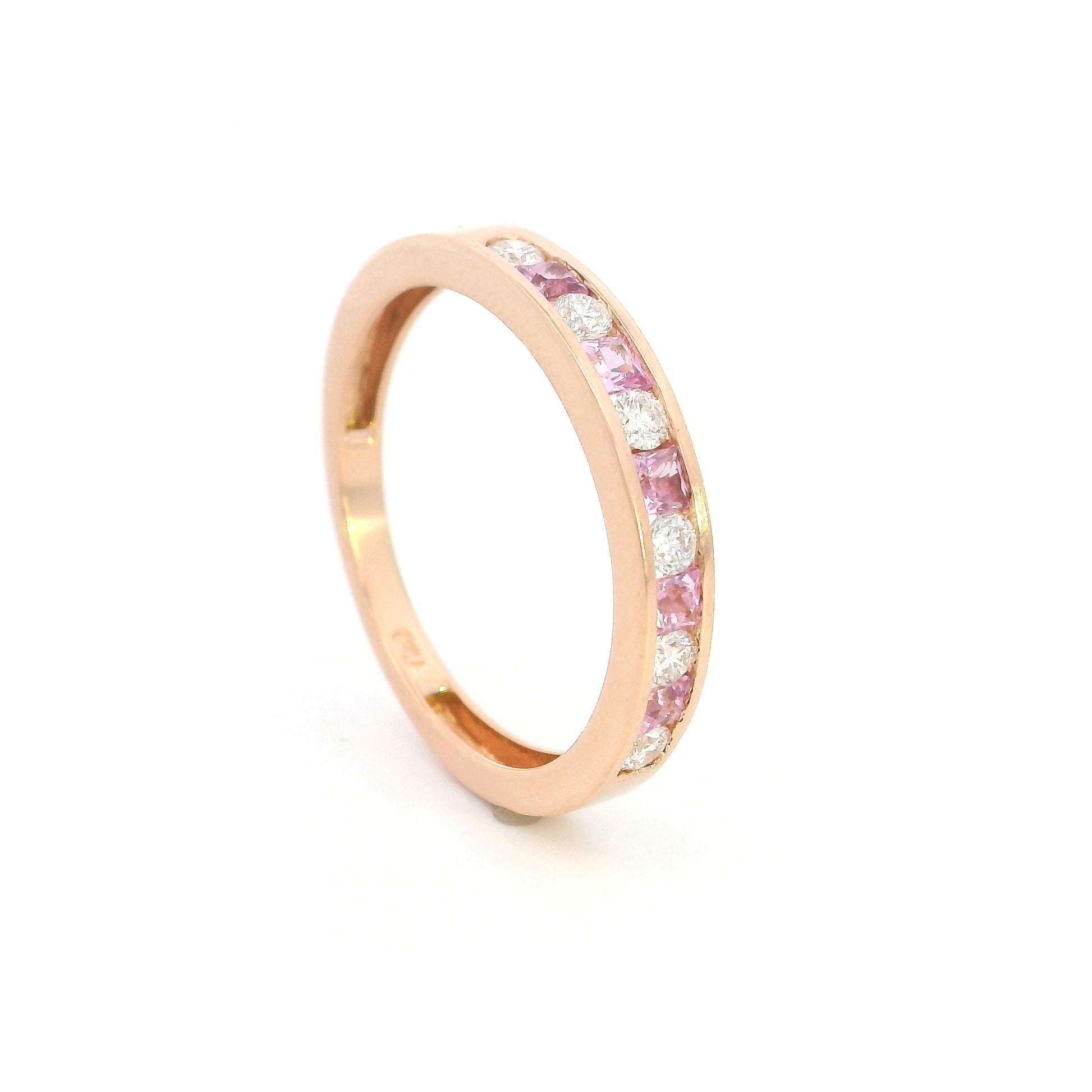 18K Rose Gold Pink Sapphire and Diamond Wedding Band with Channel Set Natural Pink Sapphires and Diamonds