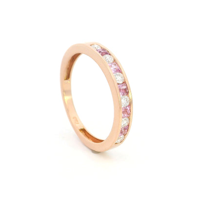 18K Rose Gold Pink Sapphire and Diamond Wedding Band with Channel Set Natural Pink Sapphires and Diamonds