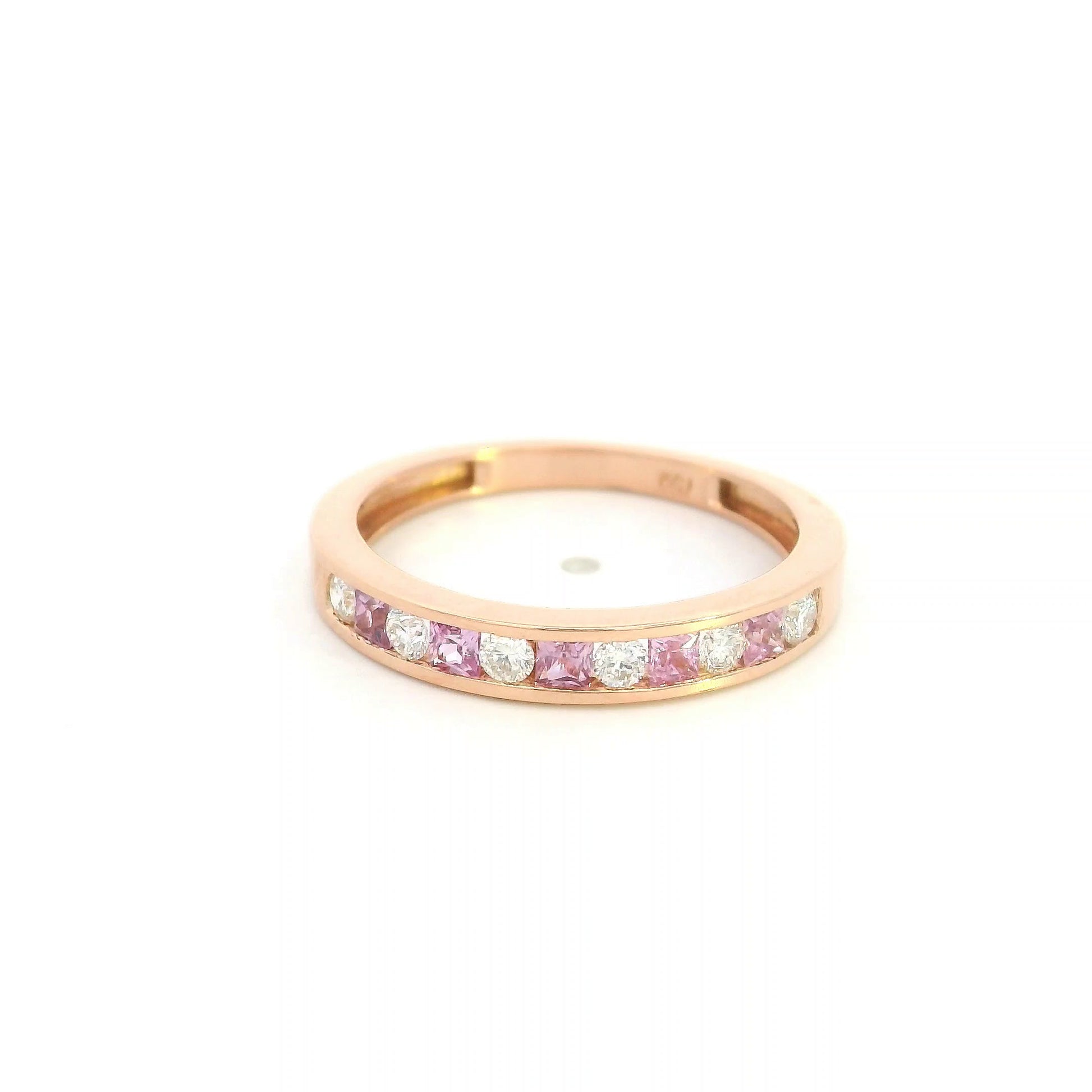 18K Rose Gold Pink Sapphire and Diamond Wedding Band with Channel Set Natural Pink Sapphires and Diamonds