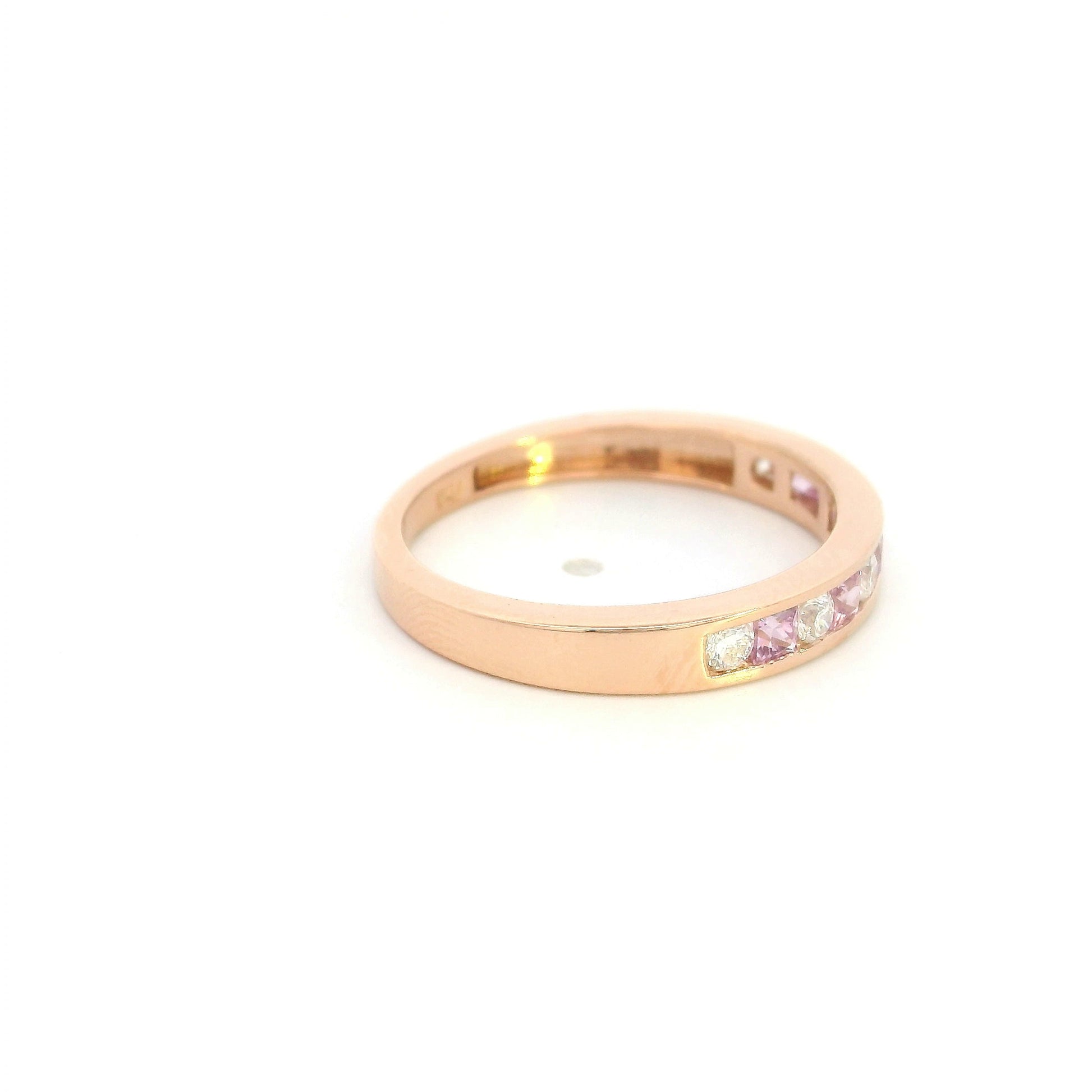 18K Rose Gold Pink Sapphire and Diamond Wedding Band with Channel Set Natural Pink Sapphires and Diamonds
