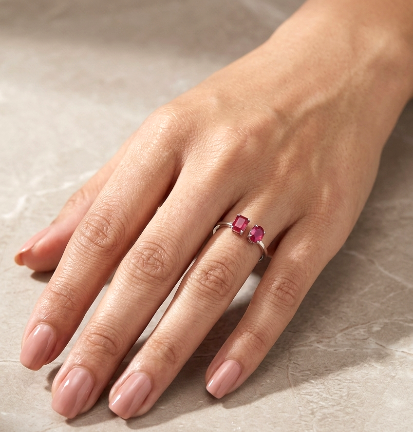 18K White Gold Natural Ruby Toi et Moi Ring featuring an oval and emerald-cut ruby in a modern open design.