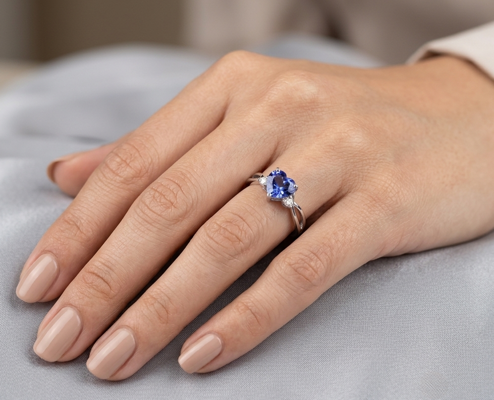 18K white gold heart tanzanite ring featuring a 1.29 carat heart-shaped natural tanzanite with 0.09 carat natural diamond accents.