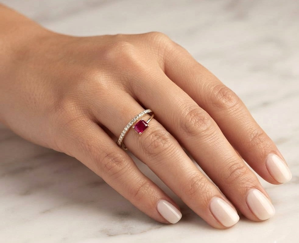 18K Yellow Gold Ruby Bypass Ring with 0.53 Carat Emerald Cut Ruby and 0.17 Carat Natural Diamonds