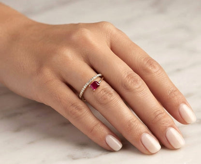 18K Yellow Gold Ruby Bypass Ring with 0.53 Carat Emerald Cut Ruby and 0.17 Carat Natural Diamonds