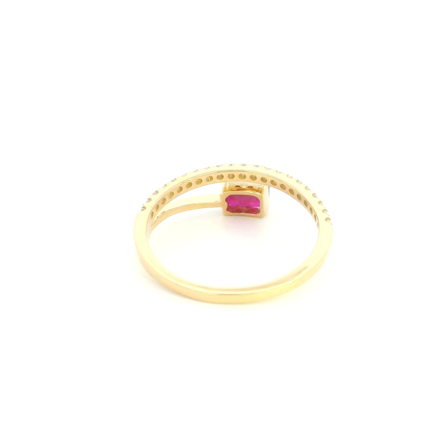 18K Yellow Gold Ruby Bypass Ring with 0.53 Carat Emerald Cut Ruby and 0.17 Carat Natural Diamonds