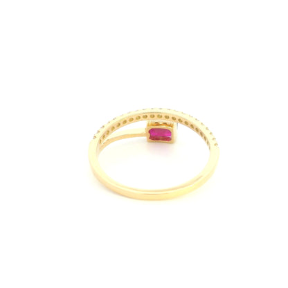18K Yellow Gold Ruby Bypass Ring with 0.53 Carat Emerald Cut Ruby and 0.17 Carat Natural Diamonds