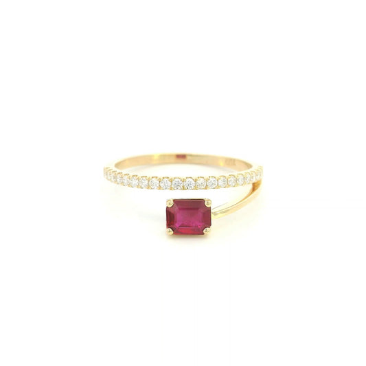 18K Yellow Gold Ruby Bypass Ring with 0.53 Carat Emerald Cut Ruby and 0.17 Carat Natural Diamonds