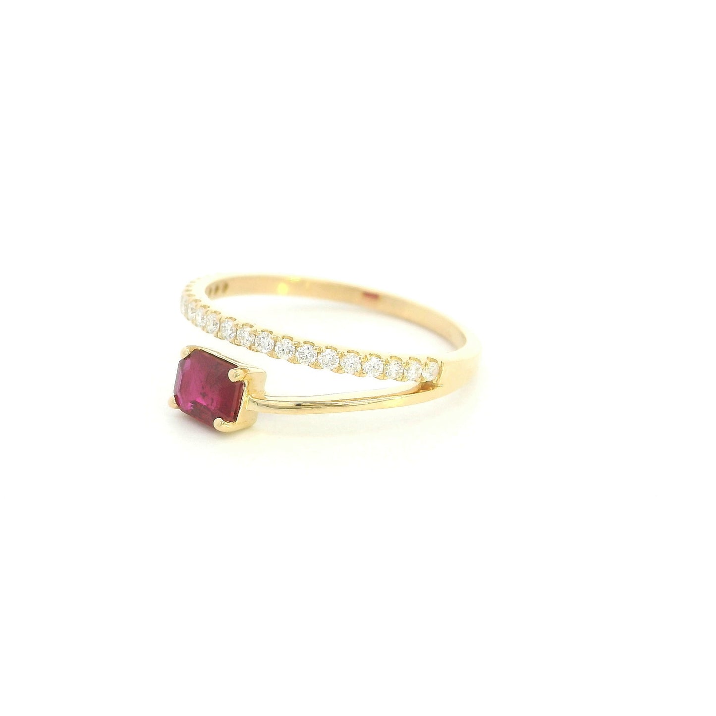 18K Yellow Gold Ruby Bypass Ring with 0.53 Carat Emerald Cut Ruby and 0.17 Carat Natural Diamonds