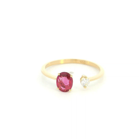 18K yellow gold open ruby and diamond ring with a 0.50 carat oval ruby and natural round diamond