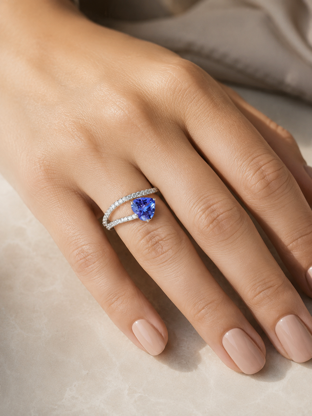 Heart Tanzanite Open Diamond Ring in 18K White Gold