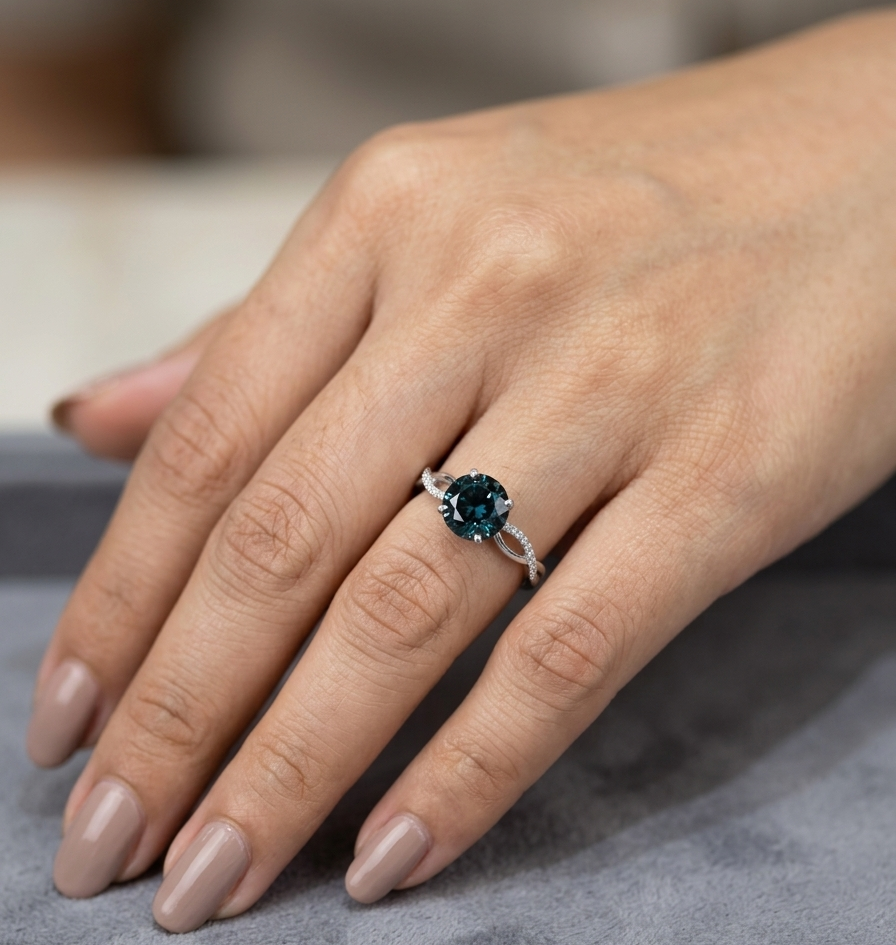 London Blue Topaz diamond ring in 18K white gold with round blue topaz and diamond accented sculpted band