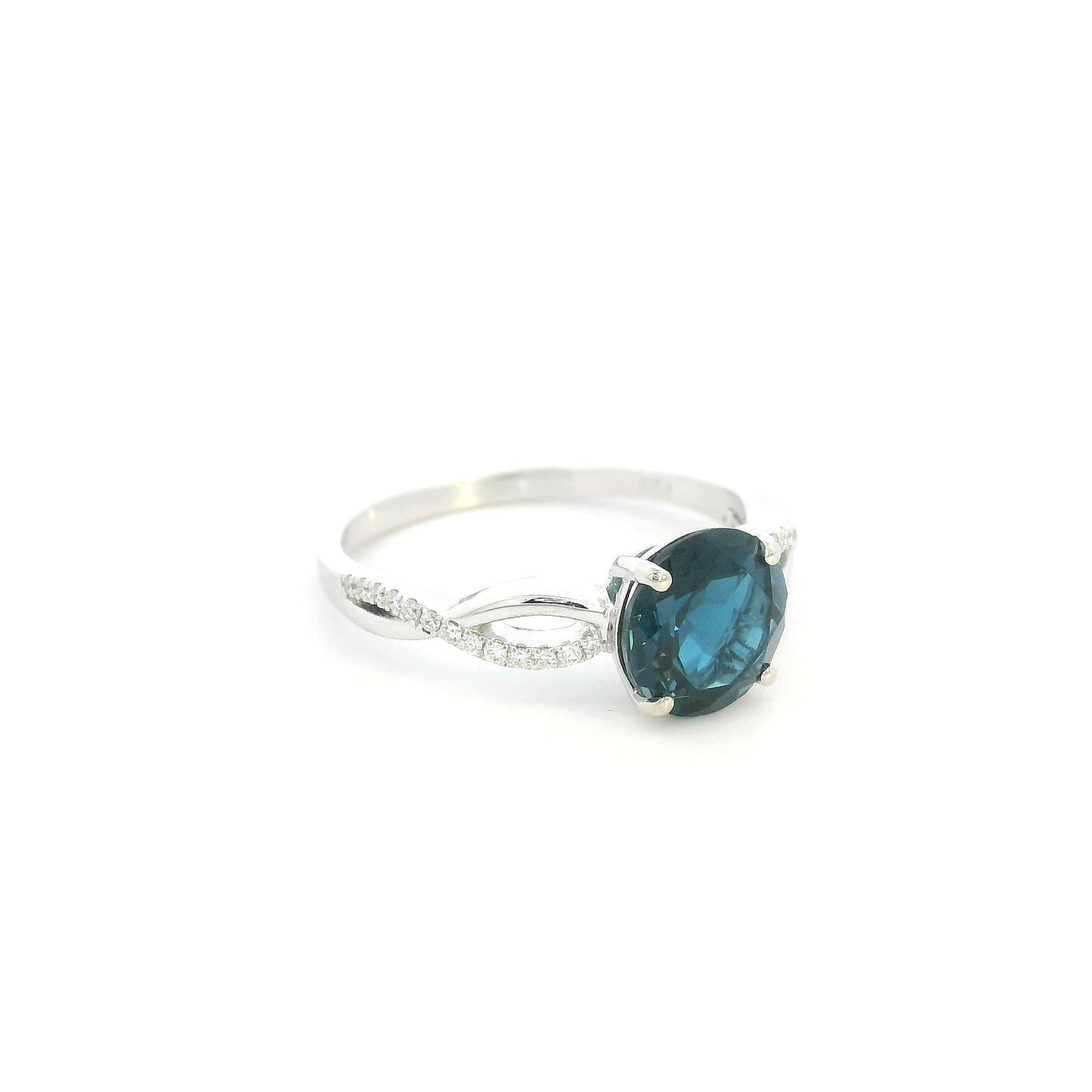 London Blue Topaz diamond ring in 18K white gold with round blue topaz and diamond accented sculpted band