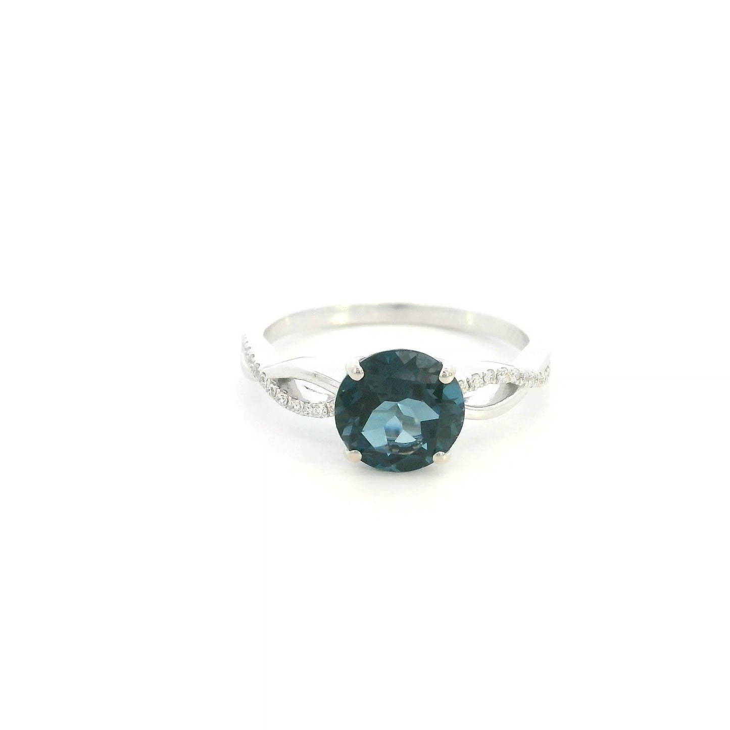 London Blue Topaz diamond ring in 18K white gold with round blue topaz and diamond accented sculpted band
