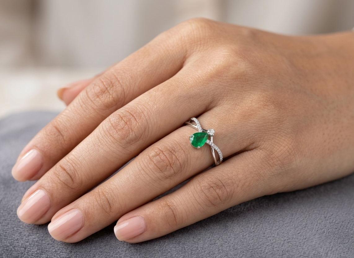 Pear shaped natural emerald and diamond ring in 18K white gold with diamond accented sculpted shoulders