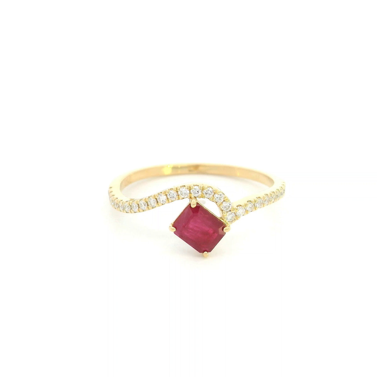 18K yellow gold ruby and diamond ring with angled square red ruby and curved diamond-set band
