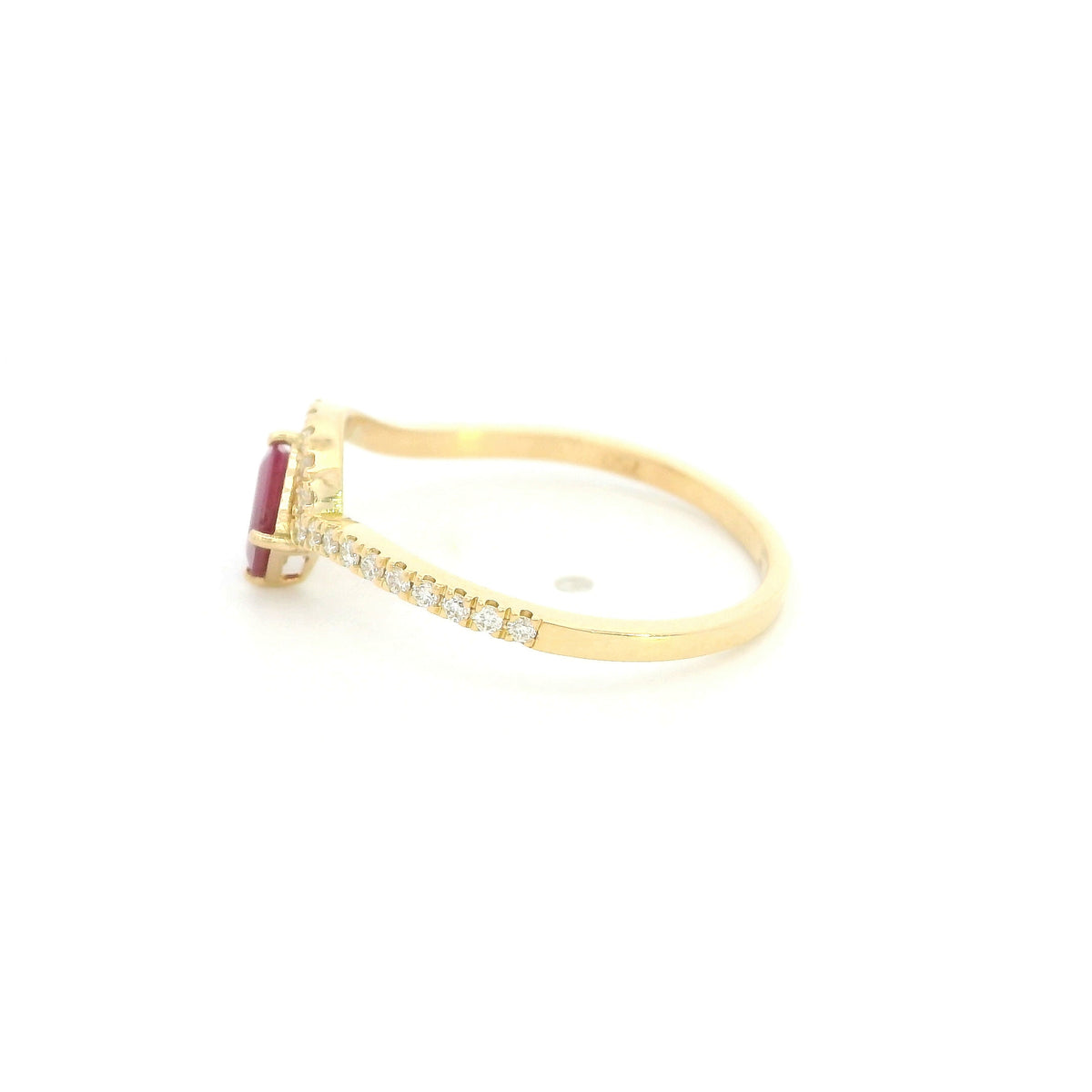 18K yellow gold ruby and diamond ring with angled square red ruby and curved diamond-set band