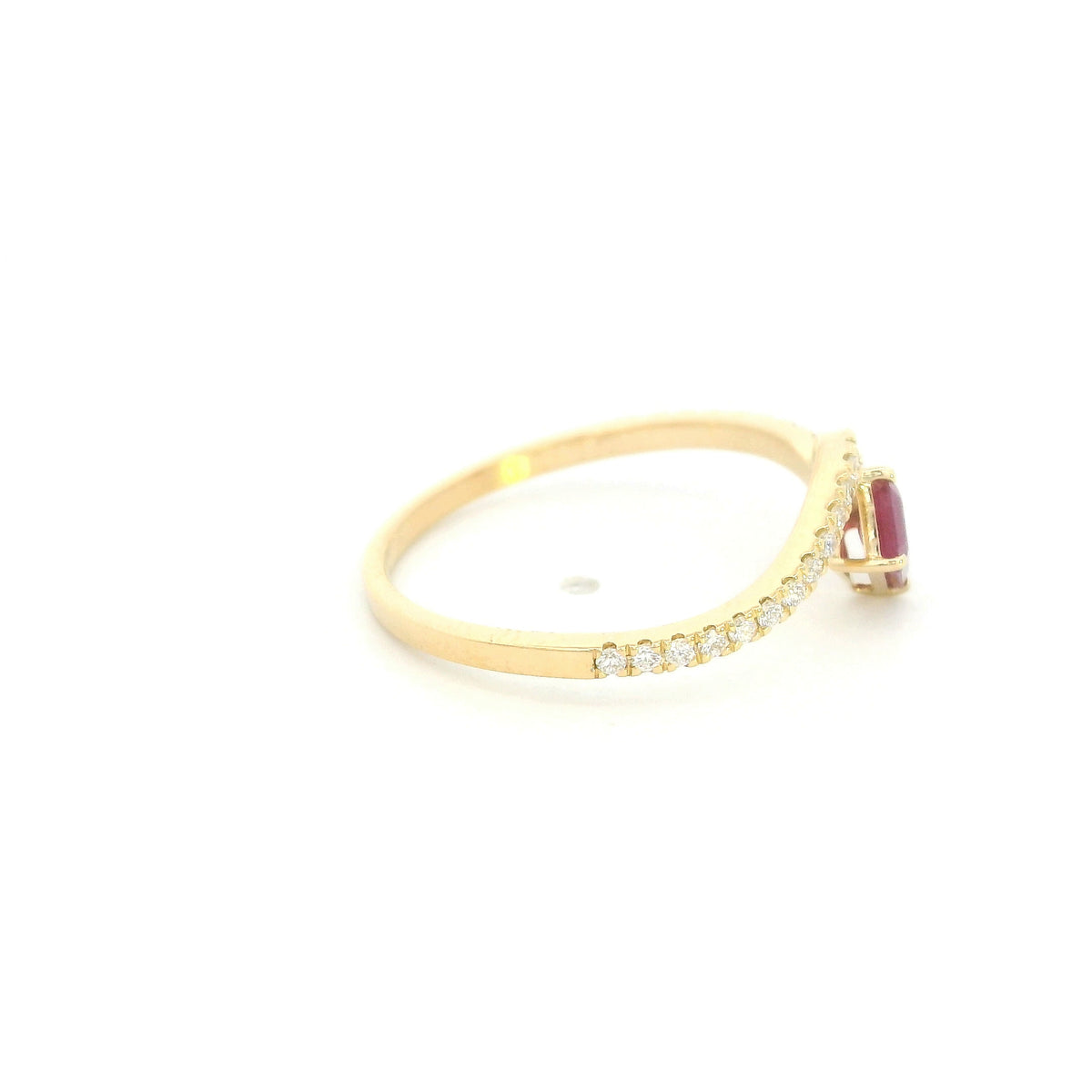 18K yellow gold ruby and diamond ring with angled square red ruby and curved diamond-set band
