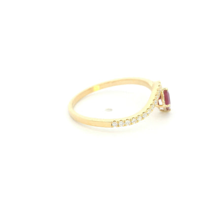 18K yellow gold ruby and diamond ring with angled square red ruby and curved diamond-set band