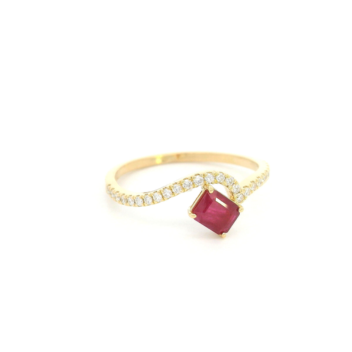 18K yellow gold ruby and diamond ring with angled square red ruby and curved diamond-set band