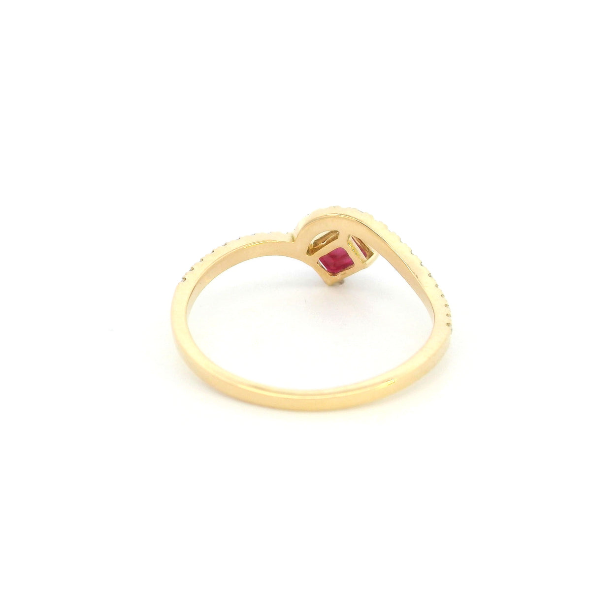 18K yellow gold ruby and diamond ring with angled square red ruby and curved diamond-set band