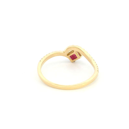 18K yellow gold ruby and diamond ring with angled square red ruby and curved diamond-set band