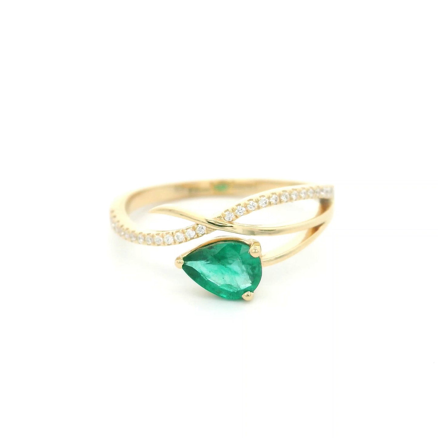 18K yellow gold emerald crossover ring featuring a 0.51 carat natural emerald and 0.09 carat natural diamond accent band.