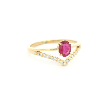 18K Yellow Gold Oval Ruby Ring with V-Shaped Diamond Band and 0.51 Carat Natural Ruby