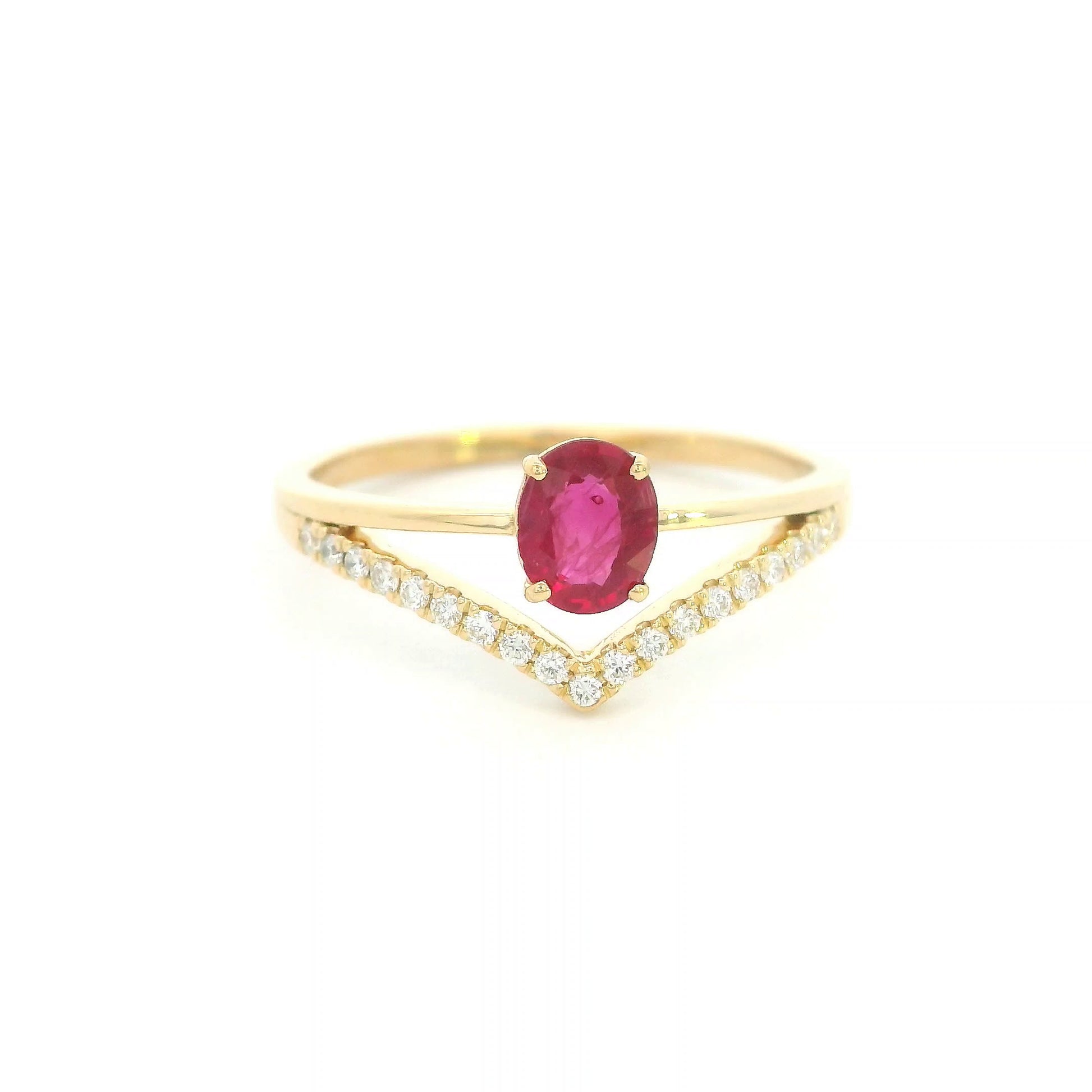 18K Yellow Gold Oval Ruby Ring with V-Shaped Diamond Band and 0.51 Carat Natural Ruby