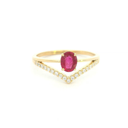 18K Yellow Gold Oval Ruby Ring with V-Shaped Diamond Band and 0.51 Carat Natural Ruby