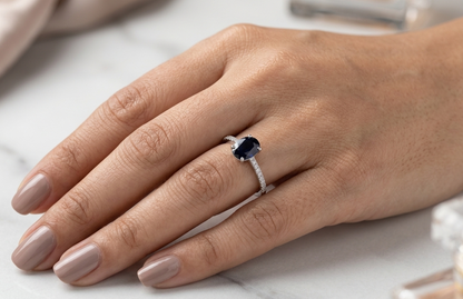 Oval Blue Sapphire Ring in 18K White Gold with Diamond Band | Natural 1.33 Carat Sapphire