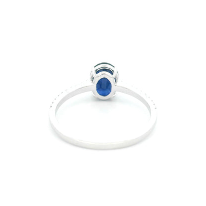 Oval Blue Sapphire Ring in 18K White Gold with Diamond Band | Natural 1.33 Carat Sapphire