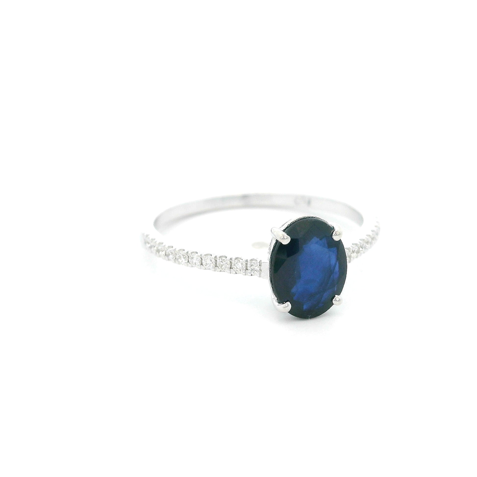 Oval Blue Sapphire Ring in 18K White Gold with Diamond Band | Natural 1.33 Carat Sapphire